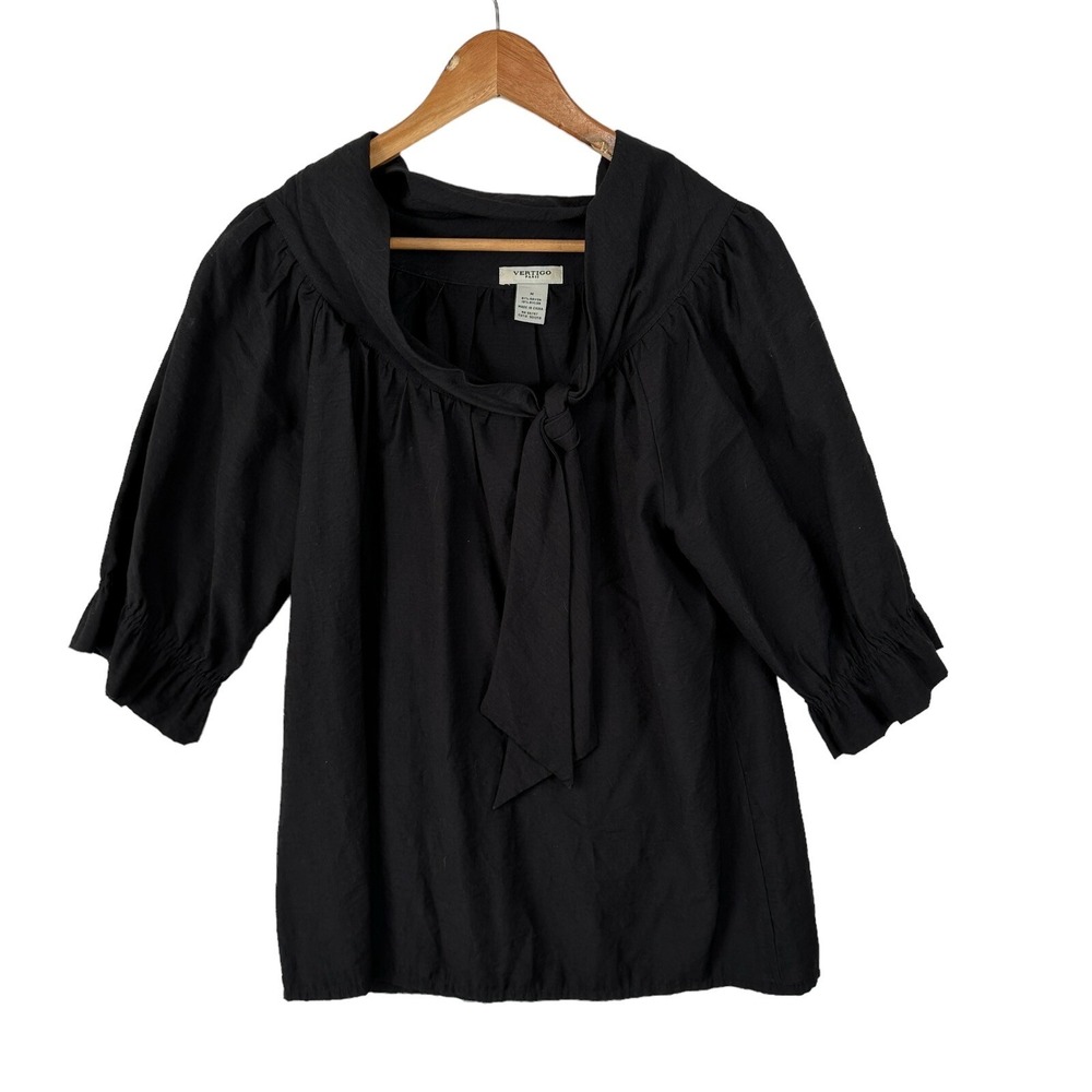 Vertigo Paris Womens Medium Top Blouse Half-Sleeve Black Tie Neck Rayon Nylon
